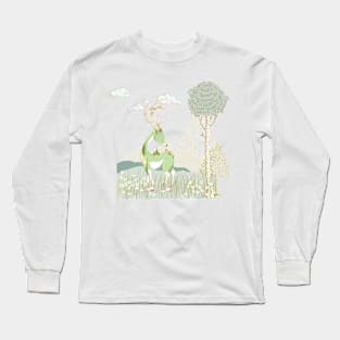 Whimsical forest deer and tiny village Long Sleeve T-Shirt